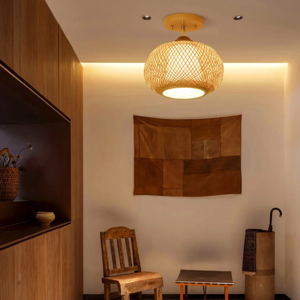 Bamboo Wide Lantern Semi Flush Mount Traditional Pendant Lights