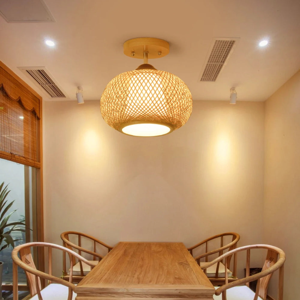 Bamboo Wide Lantern Semi Flush Mount Traditional Pendant Lights