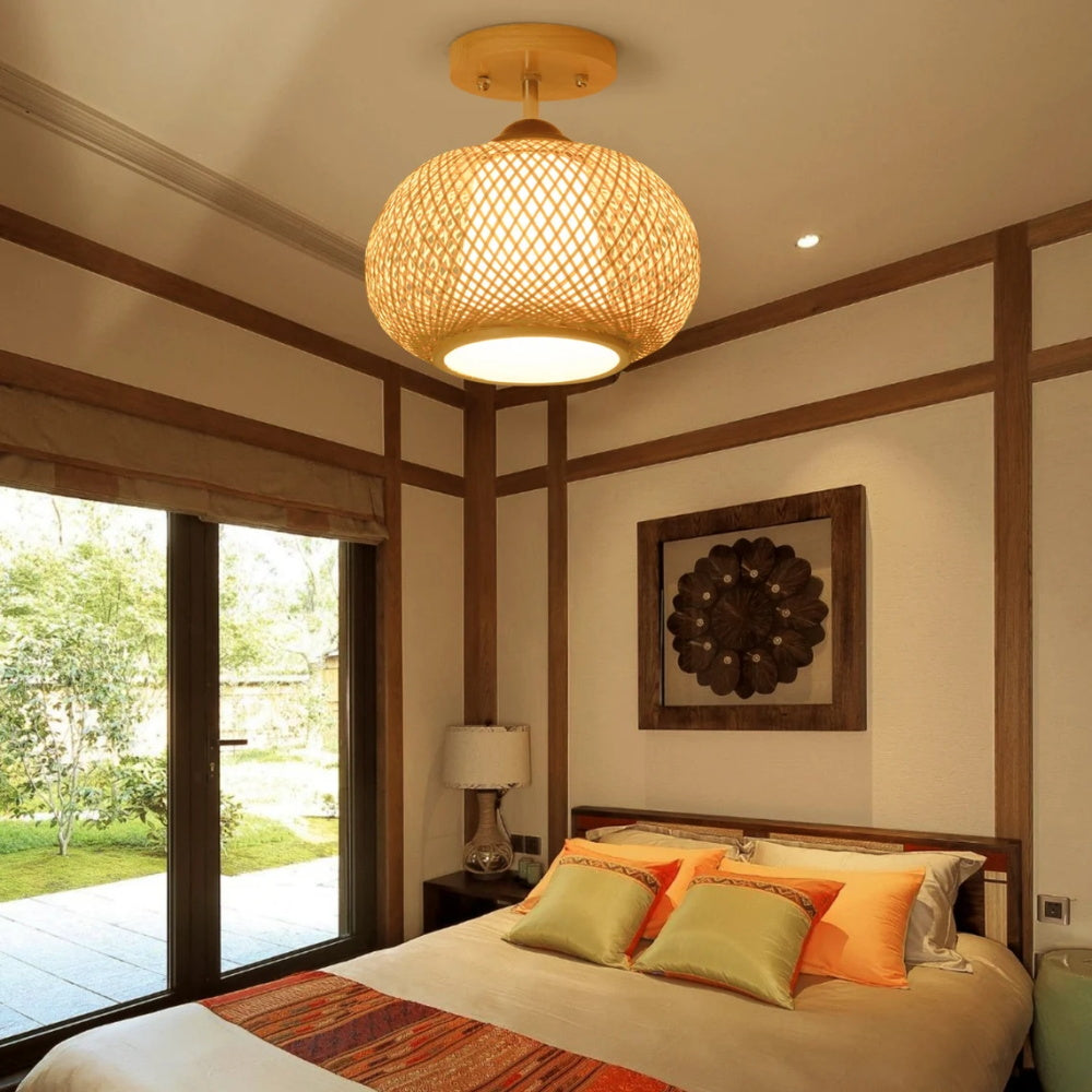 Bamboo Wide Lantern Semi Flush Mount Traditional Pendant Lights