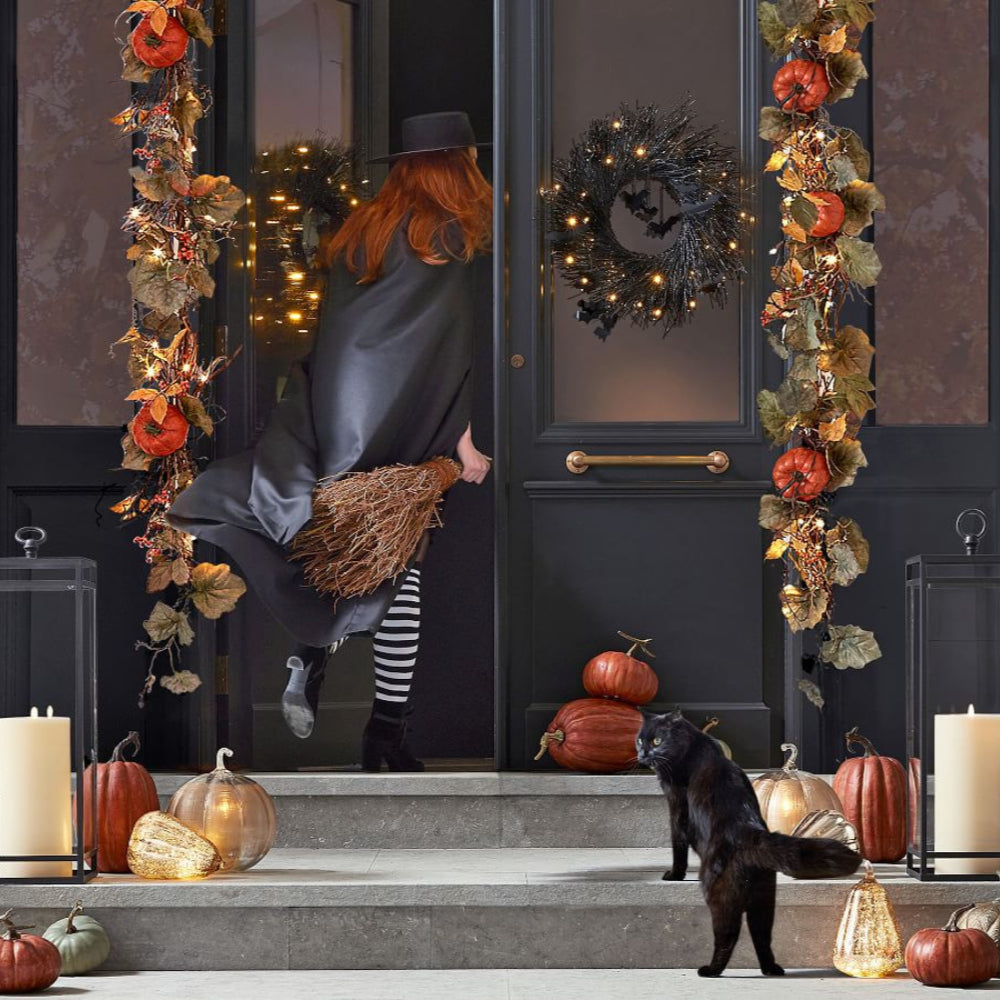 Halloween Garland Pre-Lit Black Glitter Branch Wreath with Bats