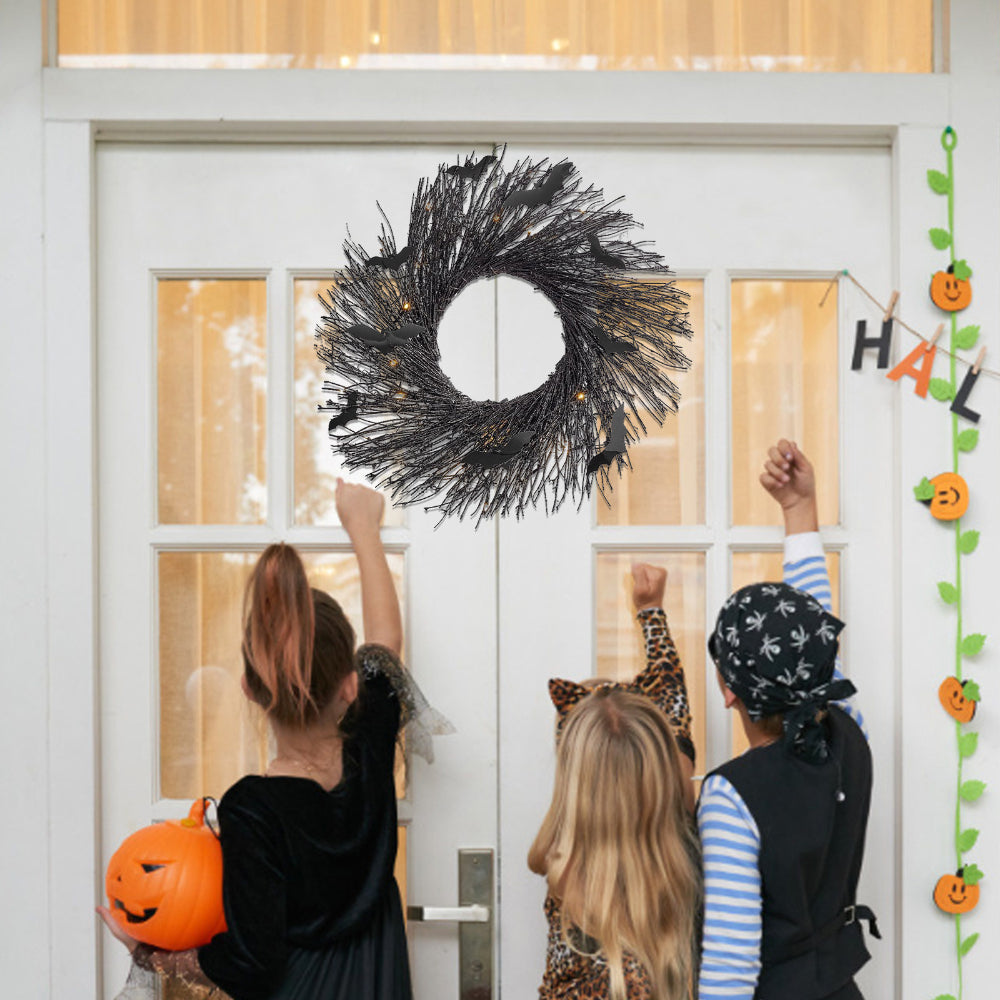 Halloween Garland Pre-Lit Black Glitter Branch Wreath with Bats