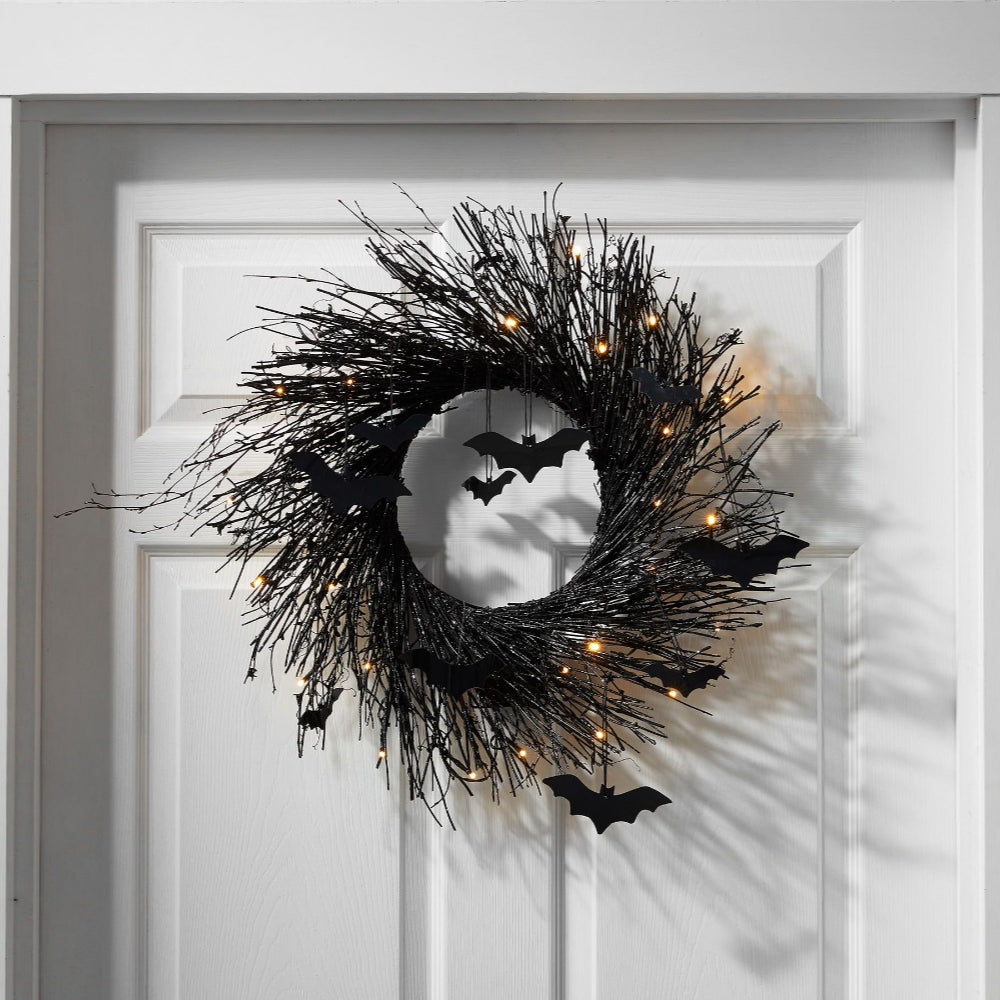 Halloween Garland Pre-Lit Black Glitter Branch Wreath with Bats