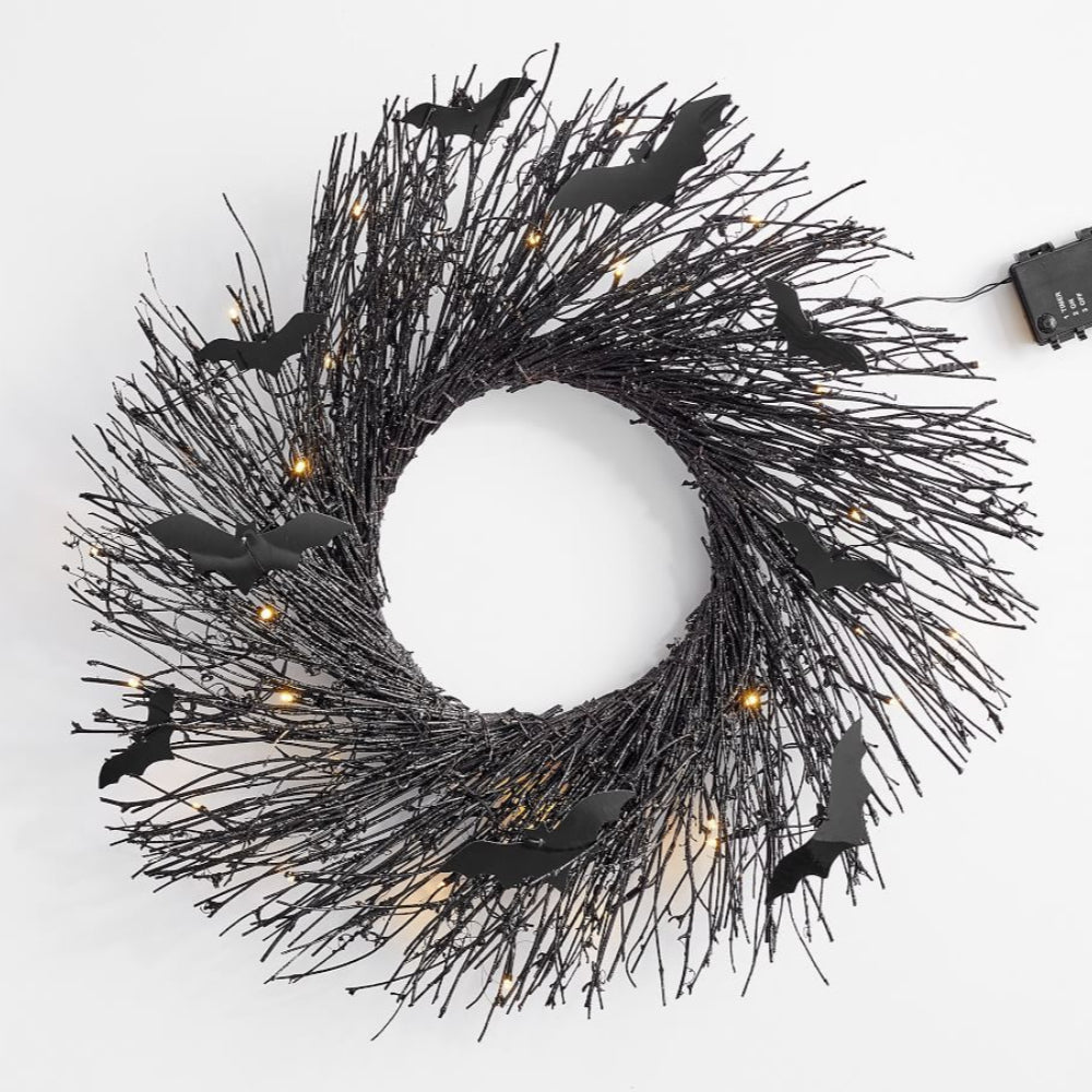 Halloween Garland Pre-Lit Black Glitter Branch Wreath with Bats