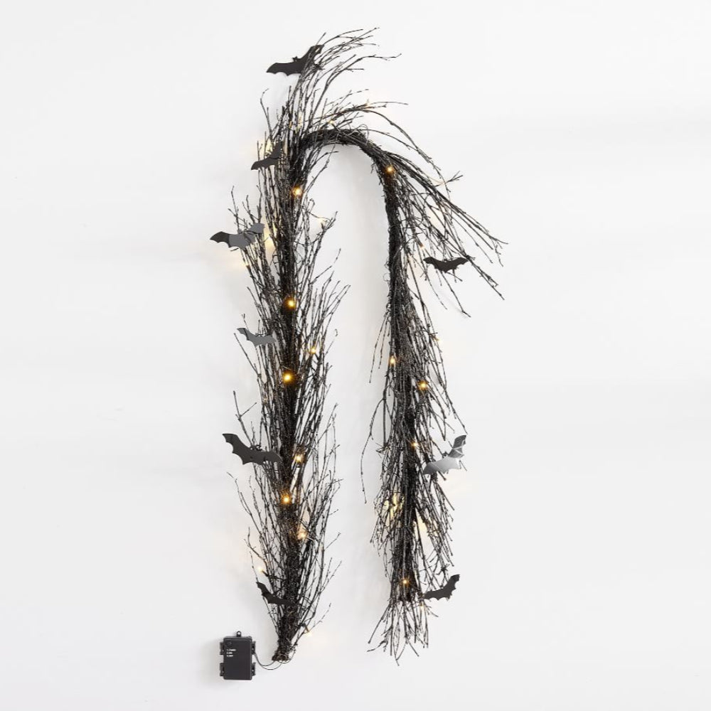 Halloween Garland Pre-Lit Black Glitter Branch Wreath with Bats
