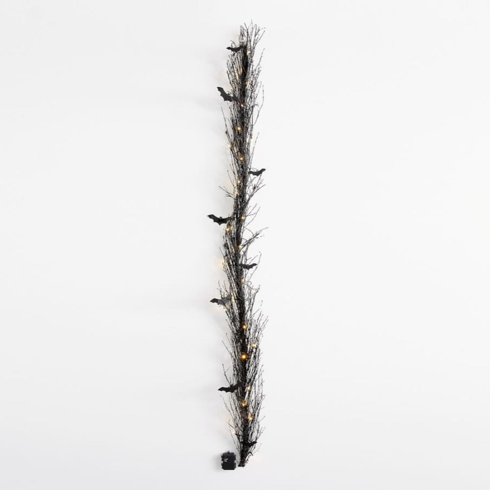 Halloween Garland Pre-Lit Black Glitter Branch Wreath with Bats