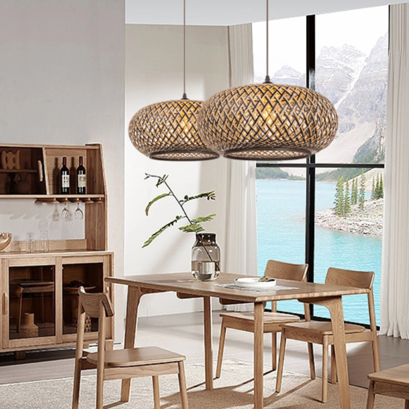 Boho Hanging Lamp with Bamboo Lampshade