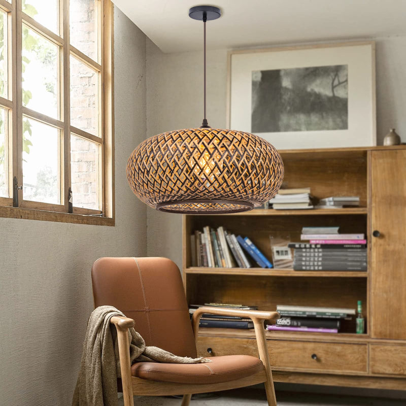 Boho Hanging Lamp with Bamboo Lampshade