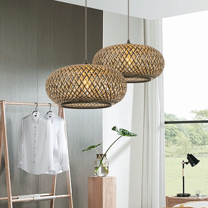 Boho Hanging Lamp with Bamboo Lampshade