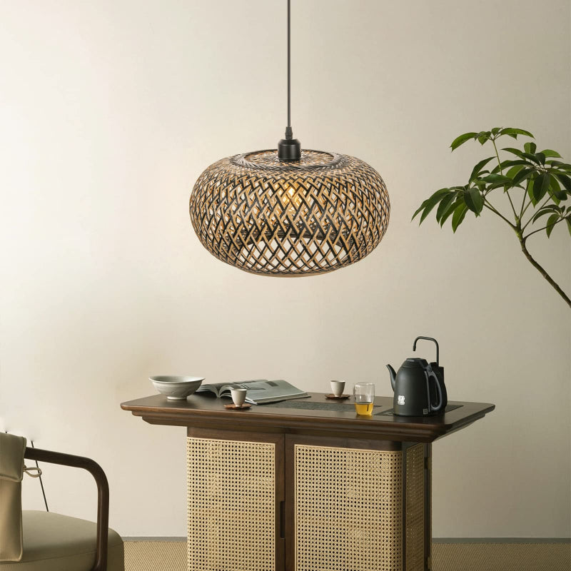 Boho Hanging Lamp with Bamboo Lampshade