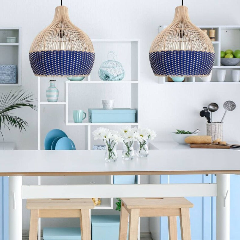 Classic Blue Rattan Pendant Light Woven Lampshade