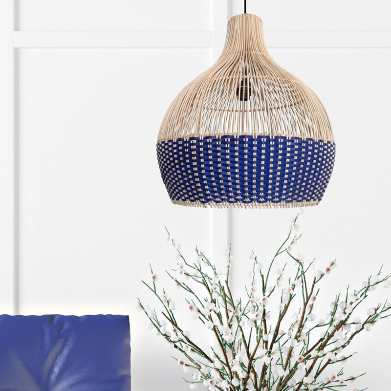 Classic Blue Rattan Pendant Light Woven Lampshade