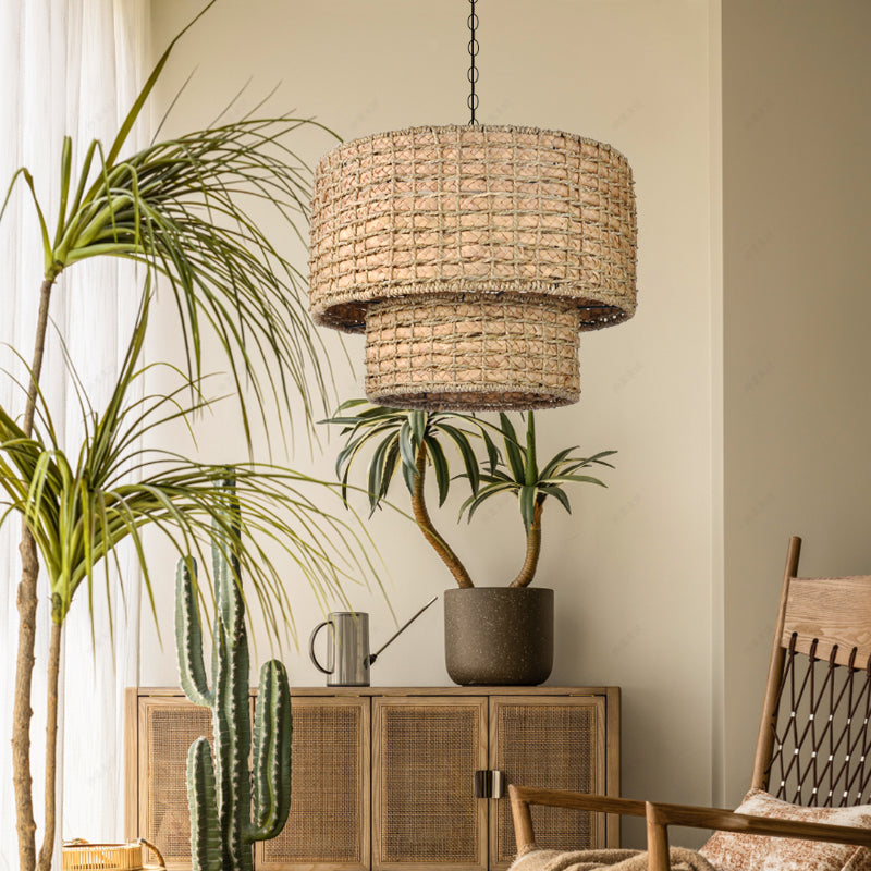 Natural Rattan Drum Hanging Pendant Light