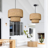 Load image into Gallery viewer, Natural Rattan Drum Hanging Pendant Light