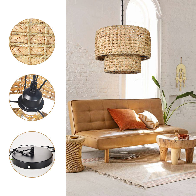 Natural Rattan Drum Hanging Pendant Light