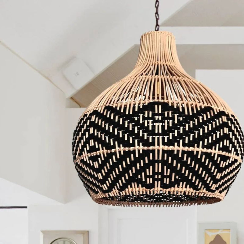 Black Pattern Vintage Handwoven Rattan Pendant Light