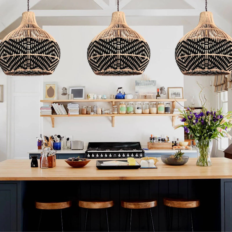 Black Pattern Vintage Handwoven Rattan Pendant Light