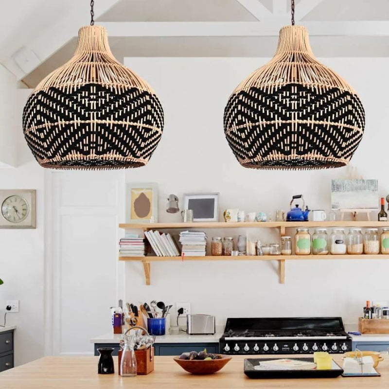 Black Pattern Vintage Handwoven Rattan Pendant Light