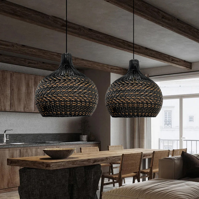 Black Rattan Large Pendant Light For Kitchen Island