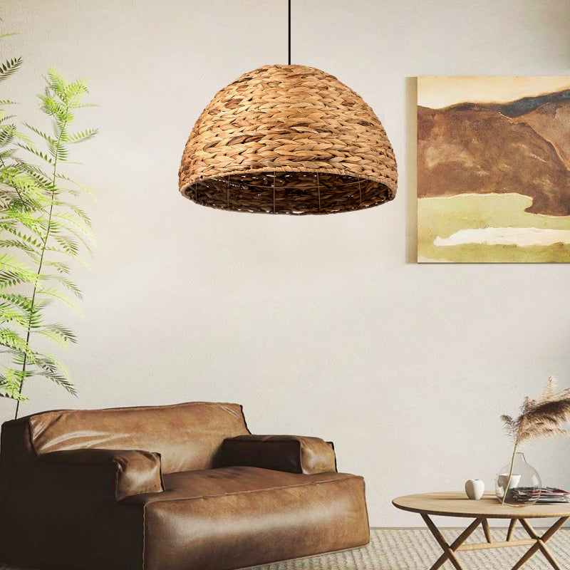 Retro Semicircle Straw Rattan Dining Room Hanging Lampshade