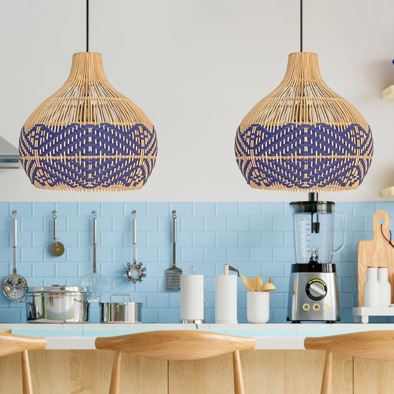 Rattan Pendant Light Handmade Blue Hanging Wicker Lamp Shade