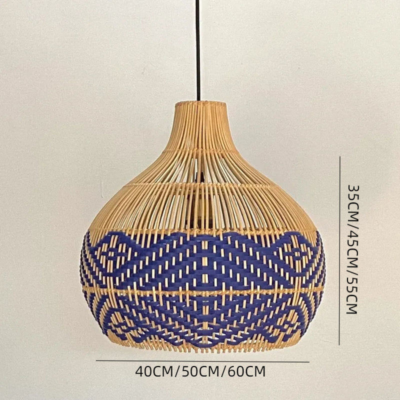 Rattan Pendant Light Handmade Blue Hanging Wicker Lamp Shade