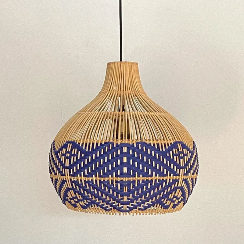 Rattan Pendant Light Handmade Blue Hanging Wicker Lamp Shade