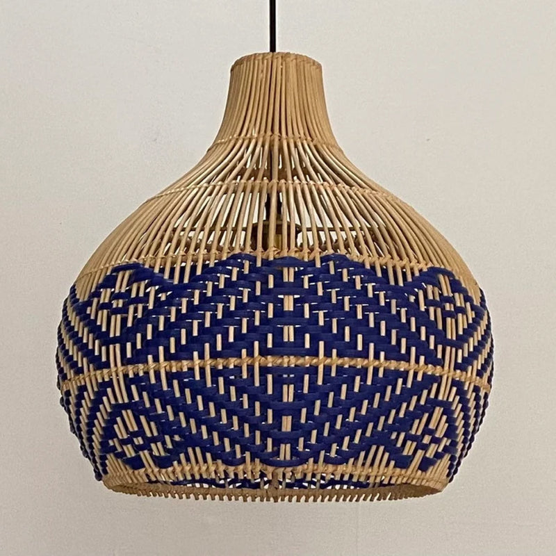 Rattan Pendant Light Handmade Blue Hanging Wicker Lamp Shade
