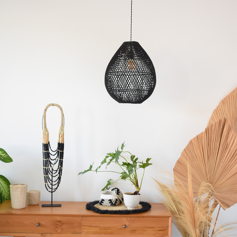 Classic Farmhouse Black Rattan Handwoven Pendant Light