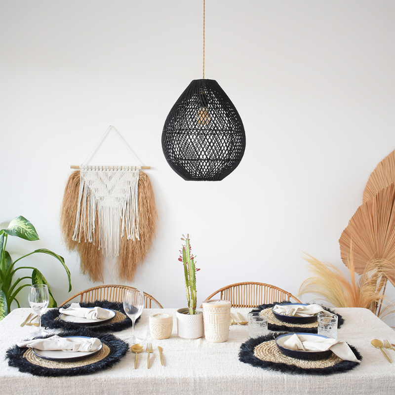 Classic Farmhouse Black Rattan Handwoven Pendant Light