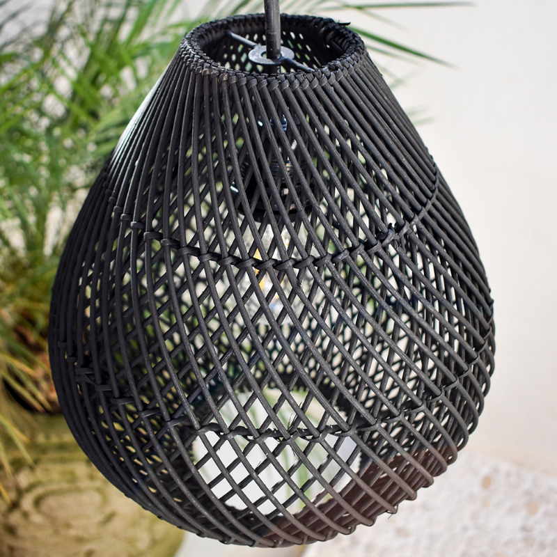 Classic Farmhouse Black Rattan Handwoven Pendant Light