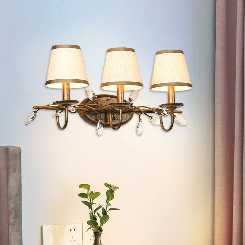 Tapered Bathroom Vanity Light Fixture Vintage Fabric 3 Lights Brown Wall Mount Light