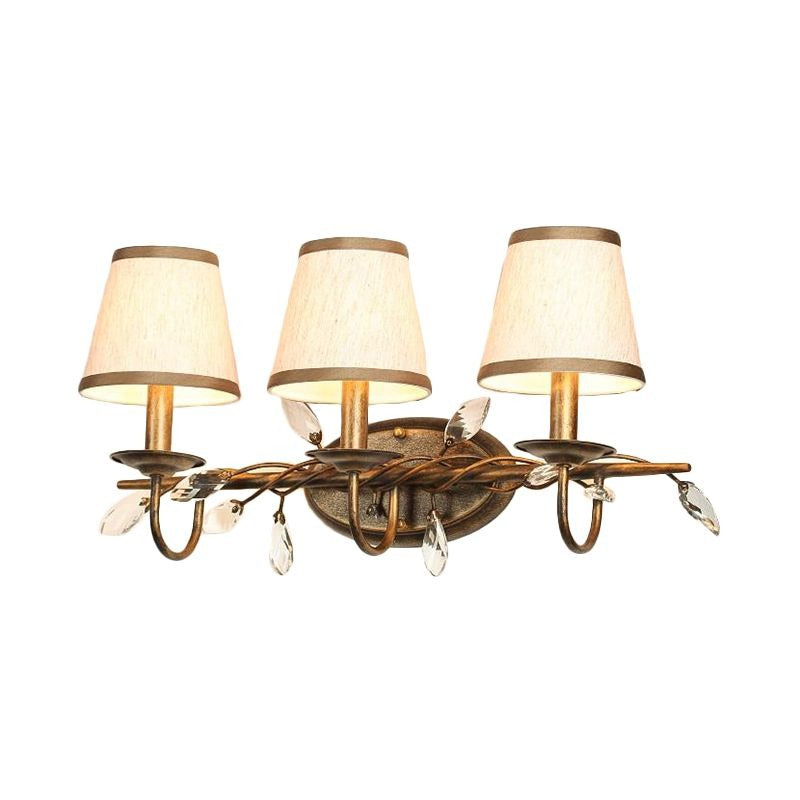 Tapered Bathroom Vanity Light Fixture Vintage Fabric 3 Lights Brown Wall Mount Light