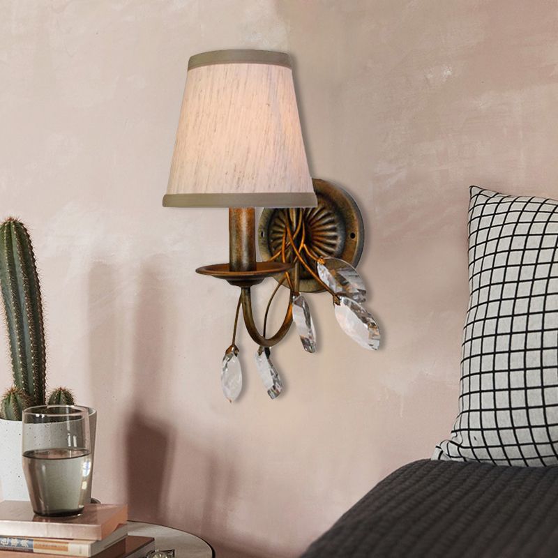 Tapered Bathroom Vanity Light Fixture Vintage Fabric 3 Lights Brown Wall Mount Light
