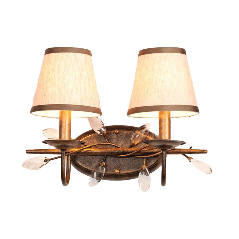 Tapered Bathroom Vanity Light Fixture Vintage Fabric 3 Lights Brown Wall Mount Light