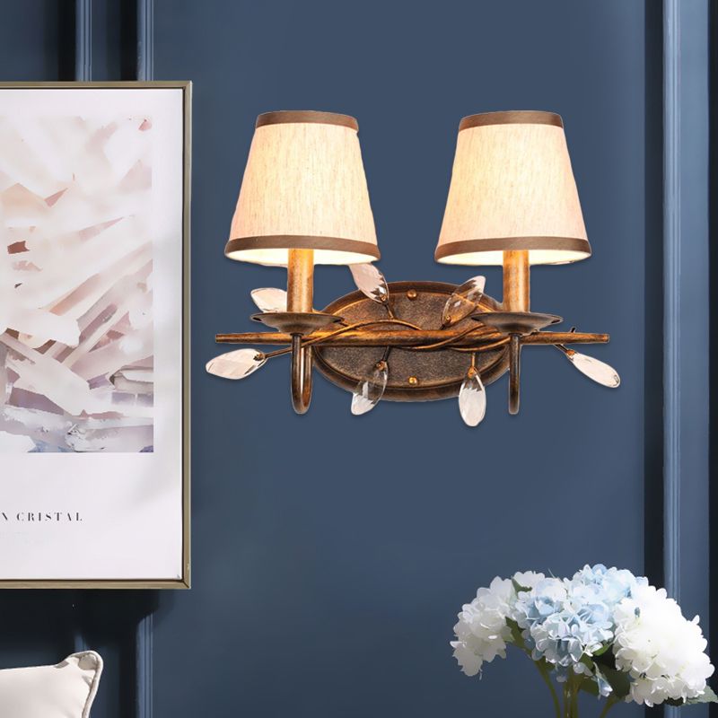 Tapered Bathroom Vanity Light Fixture Vintage Fabric 3 Lights Brown Wall Mount Light