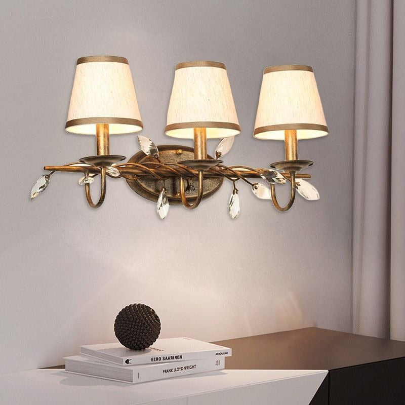 Tapered Bathroom Vanity Light Fixture Vintage Fabric 3 Lights Brown Wall Mount Light