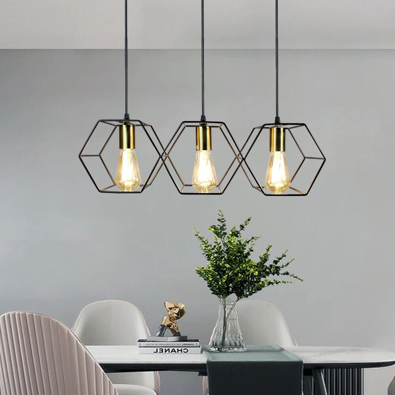 3/5 Light Metal Rod Hanging Lamp With Geometric Iron Frame Dining Room Chandelier