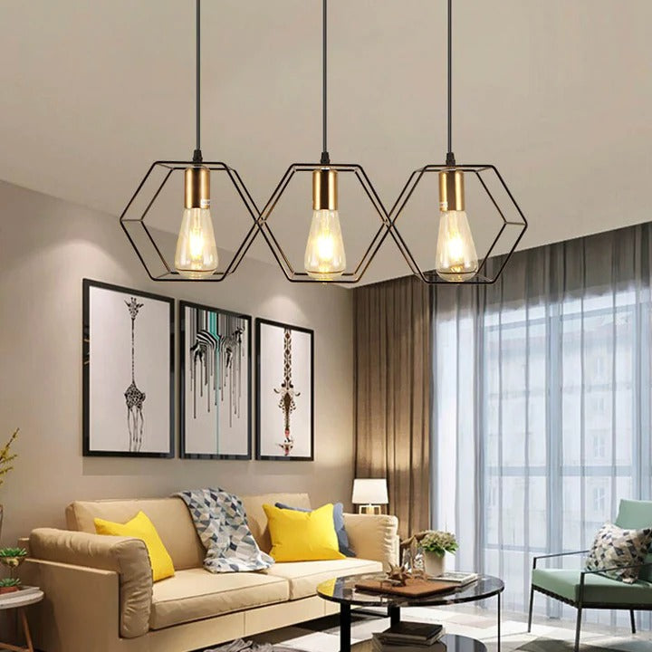 3/5 Light Metal Rod Hanging Lamp With Geometric Iron Frame Dining Room Chandelier