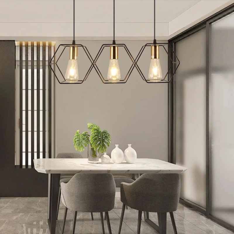 3/5 Light Metal Rod Hanging Lamp With Geometric Iron Frame Dining Room Chandelier