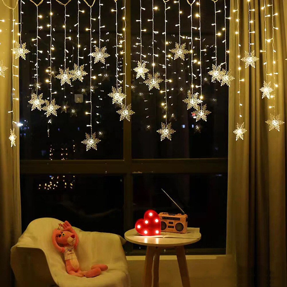 LED Snowflake Curtain String Lights Plug-in Curtain Lights with 8 Modes Decoration
