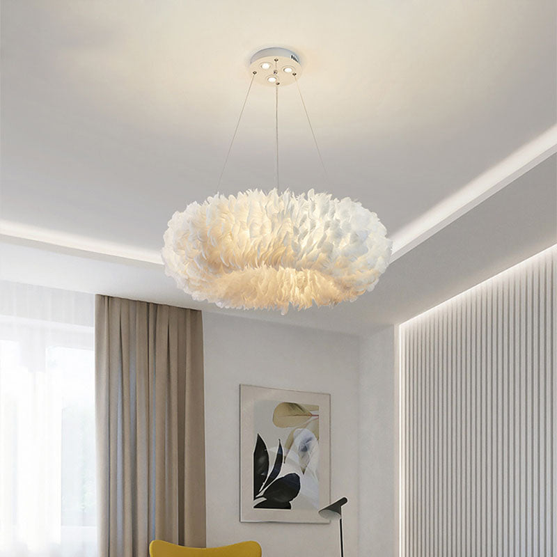 Nordic Ring Feather Chandelier White Fluffy Lamp Shade Pendant Light