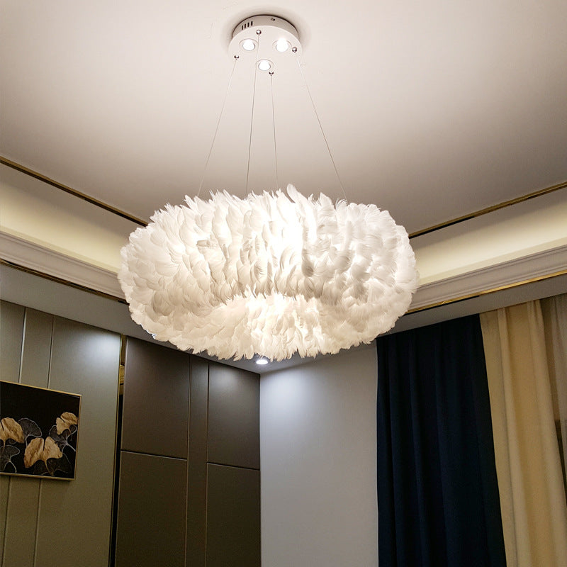 Nordic Ring Feather Chandelier White Fluffy Lamp Shade Pendant Light