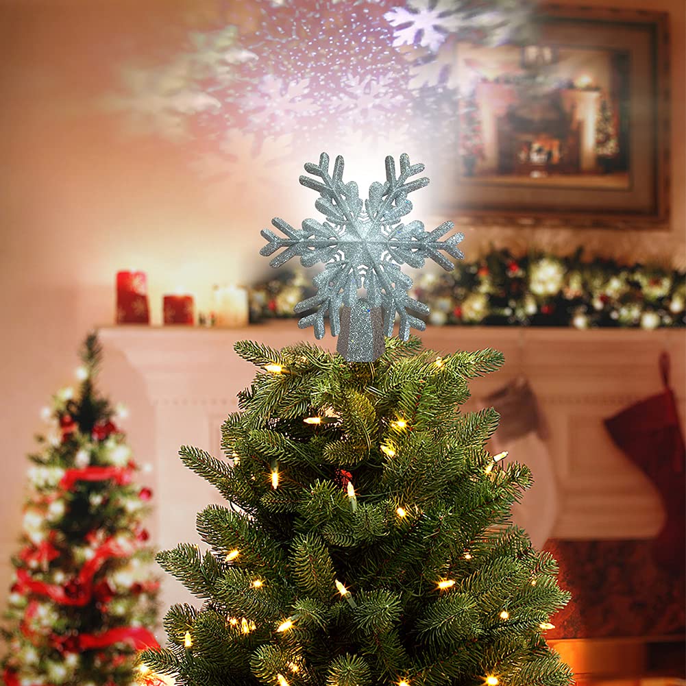 Christmas Tree Xmas Topper Lighted Snowflake LED Rotating Lamp
