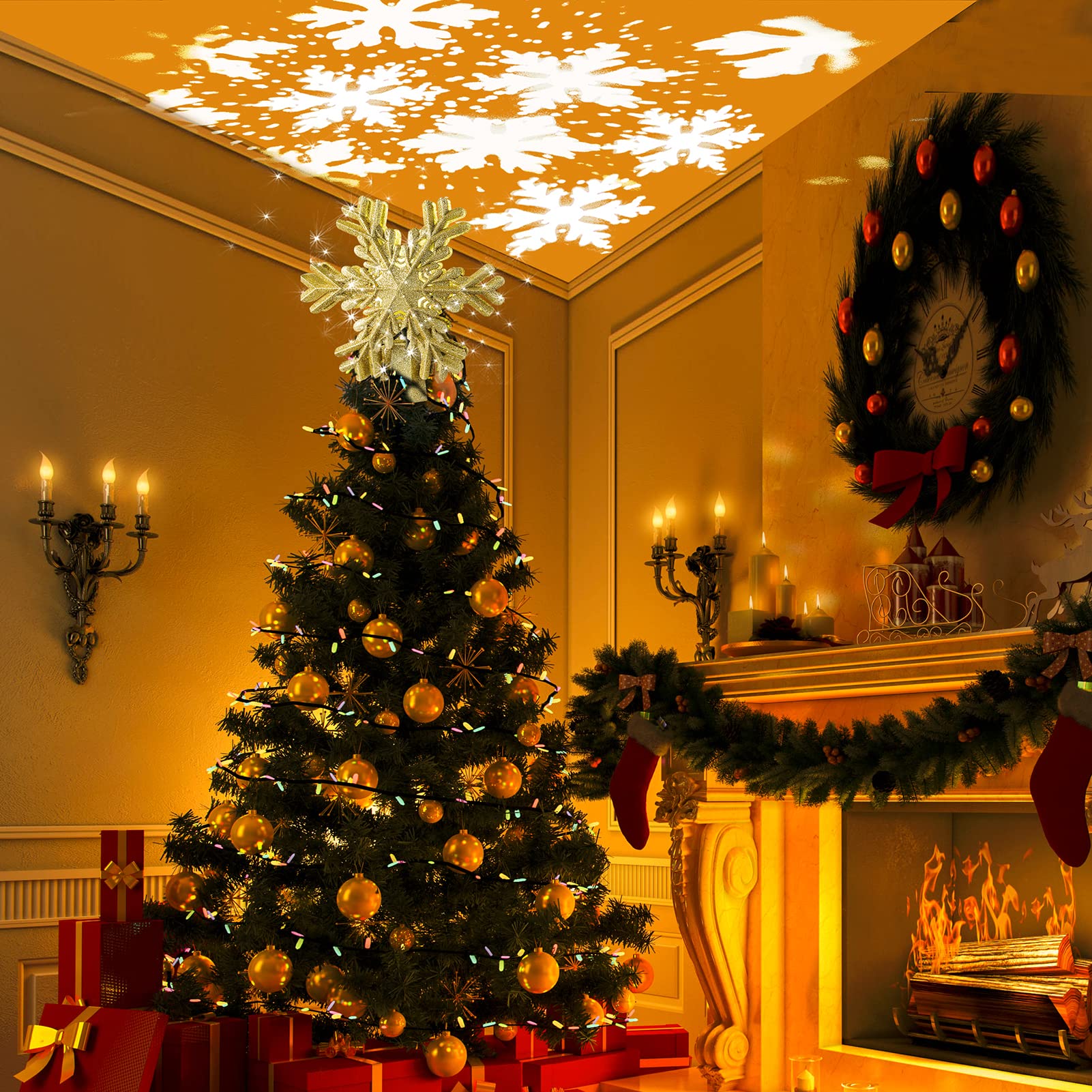 Christmas Tree Xmas Topper Lighted Snowflake LED Rotating Lamp