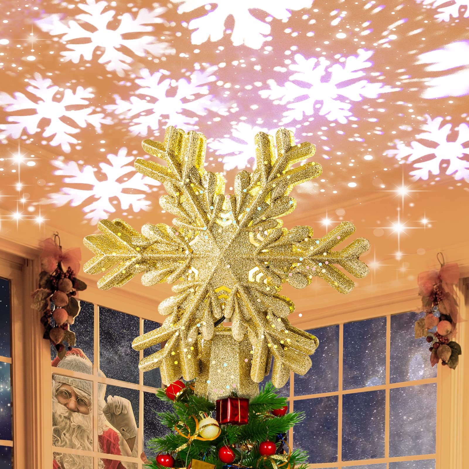 Christmas Tree Xmas Topper Lighted Snowflake LED Rotating Lamp