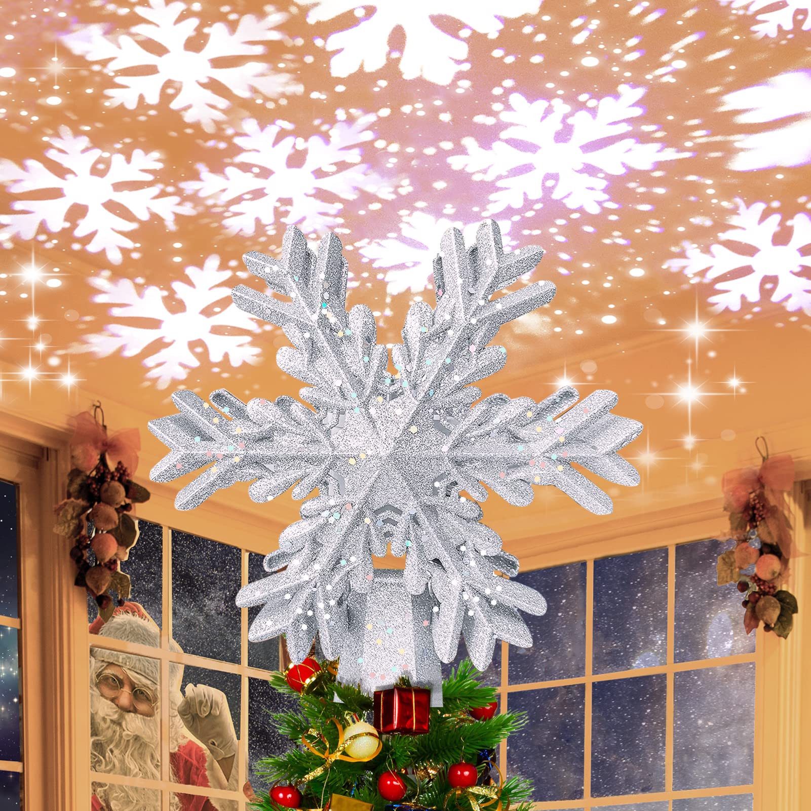 Christmas Tree Xmas Topper Lighted Snowflake LED Rotating Lamp
