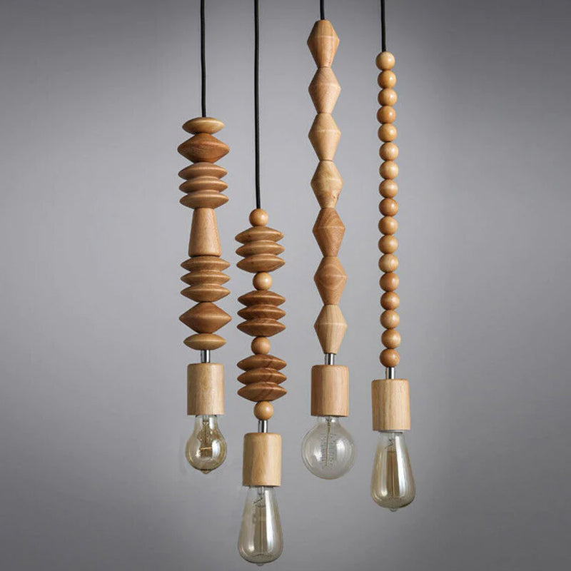 Modern Solid Wood Bead Chain Hanging Pendant Lights