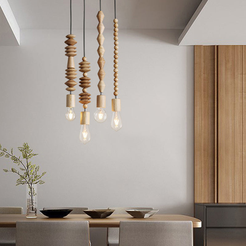 Modern Solid Wood Bead Chain Hanging Pendant Lights