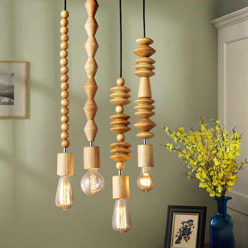 Modern Solid Wood Bead Chain Hanging Pendant Lights