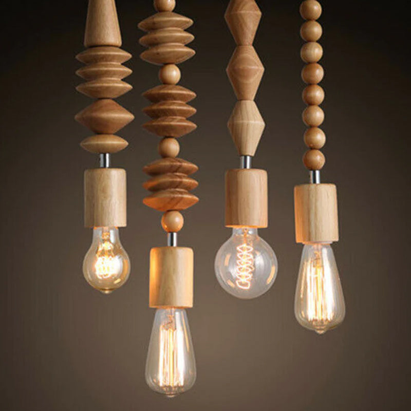 Modern Solid Wood Bead Chain Hanging Pendant Lights